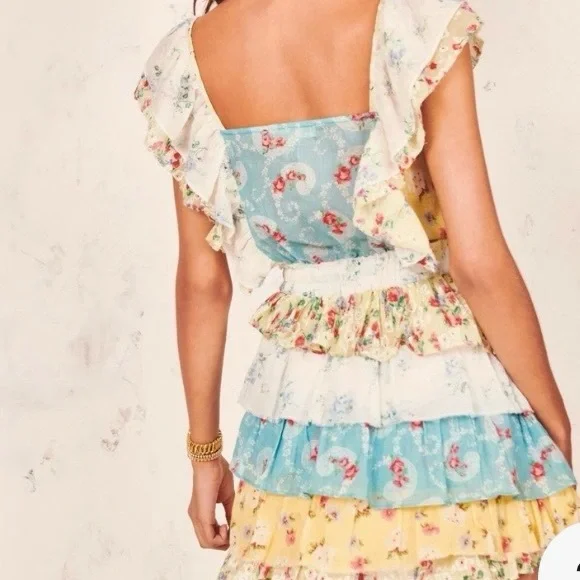 LoveShackFancy Phyllis Ruffled patchwork  floral Cotton mini Dress Cottagecore M - Picture 3 of 8
